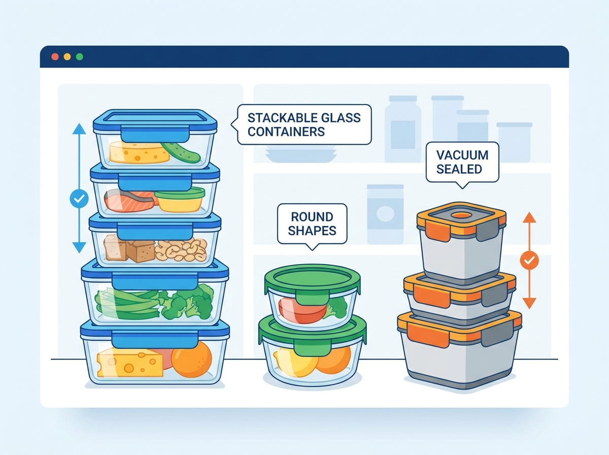 Organized stackable glass food containers on a kitchen counter